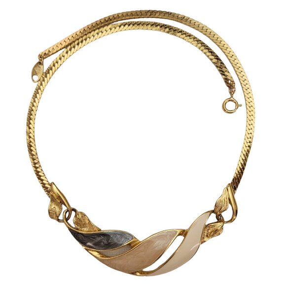 Trifari TM Gold Tone Gray Beige Pearly Enamel Leaf Collar Chain Necklace, E882 - Picture 1 of 8